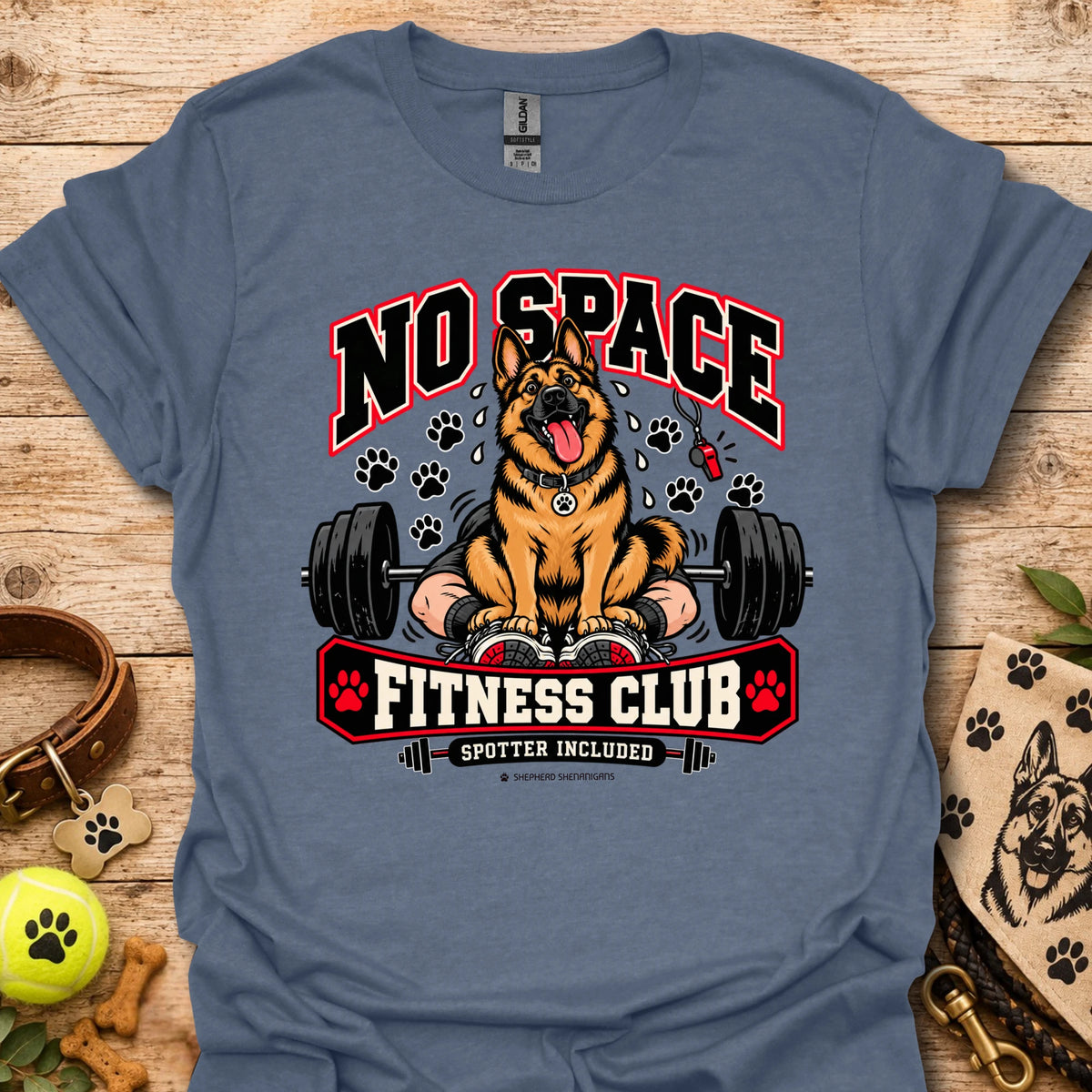 Fitness club dog graphic T-shirt in heather indigo, front print with “No Space” and dumbbells