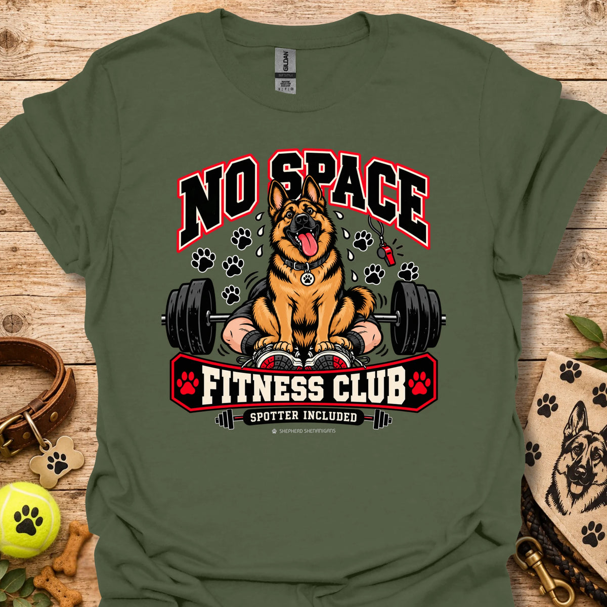 Fitness club dog graphic T-shirt in military green, front print with “No Space” and dumbbells