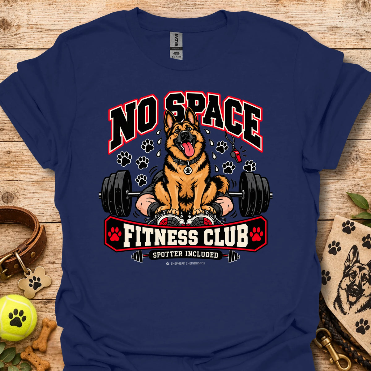 Fitness club dog graphic T-shirt in navy, front print with “No Space” and dumbbells