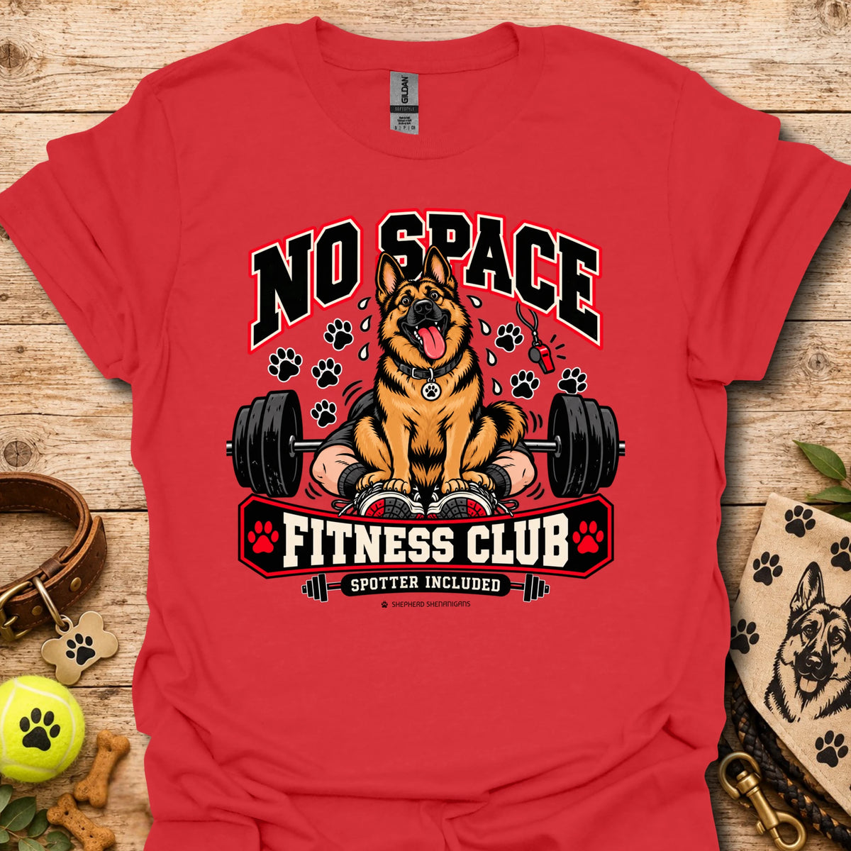 Fitness club dog graphic T-shirt in red, front print with “No Space” and dumbbells