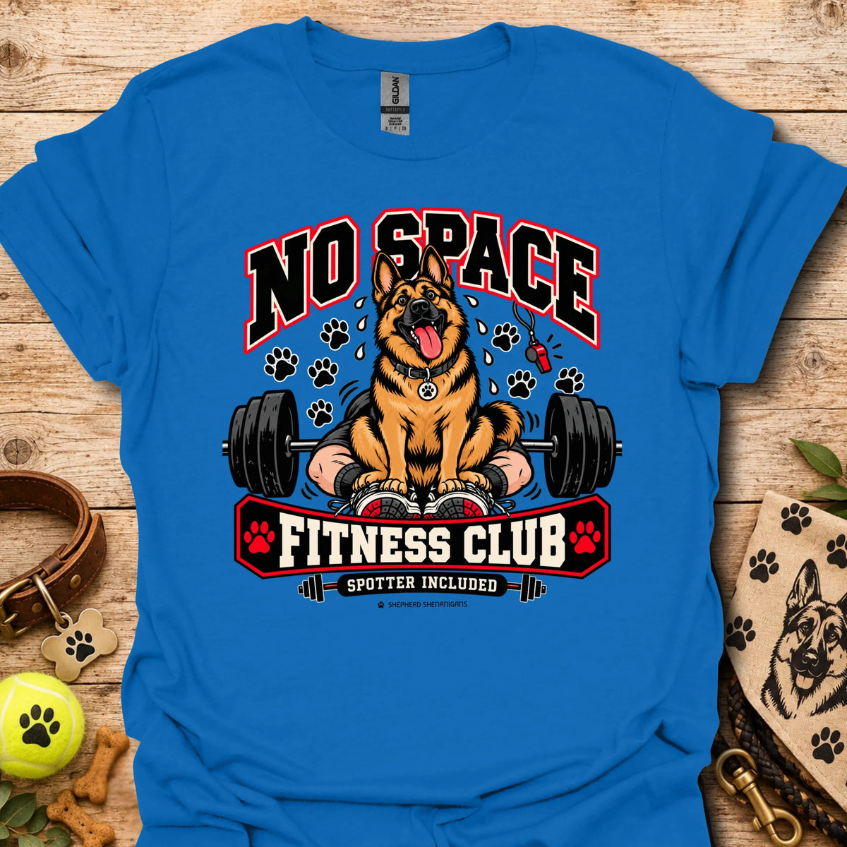 Fitness club dog graphic T-shirt in royal blue, front print with “No Space” and dumbbells