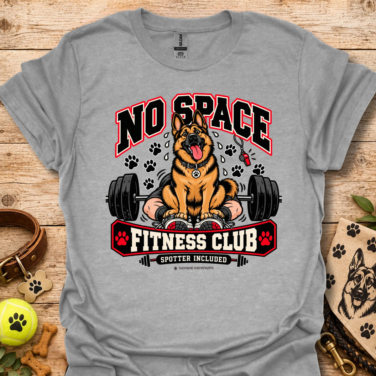 Fitness club dog graphic T-shirt in sport grey, front print with “No Space” and dumbbells