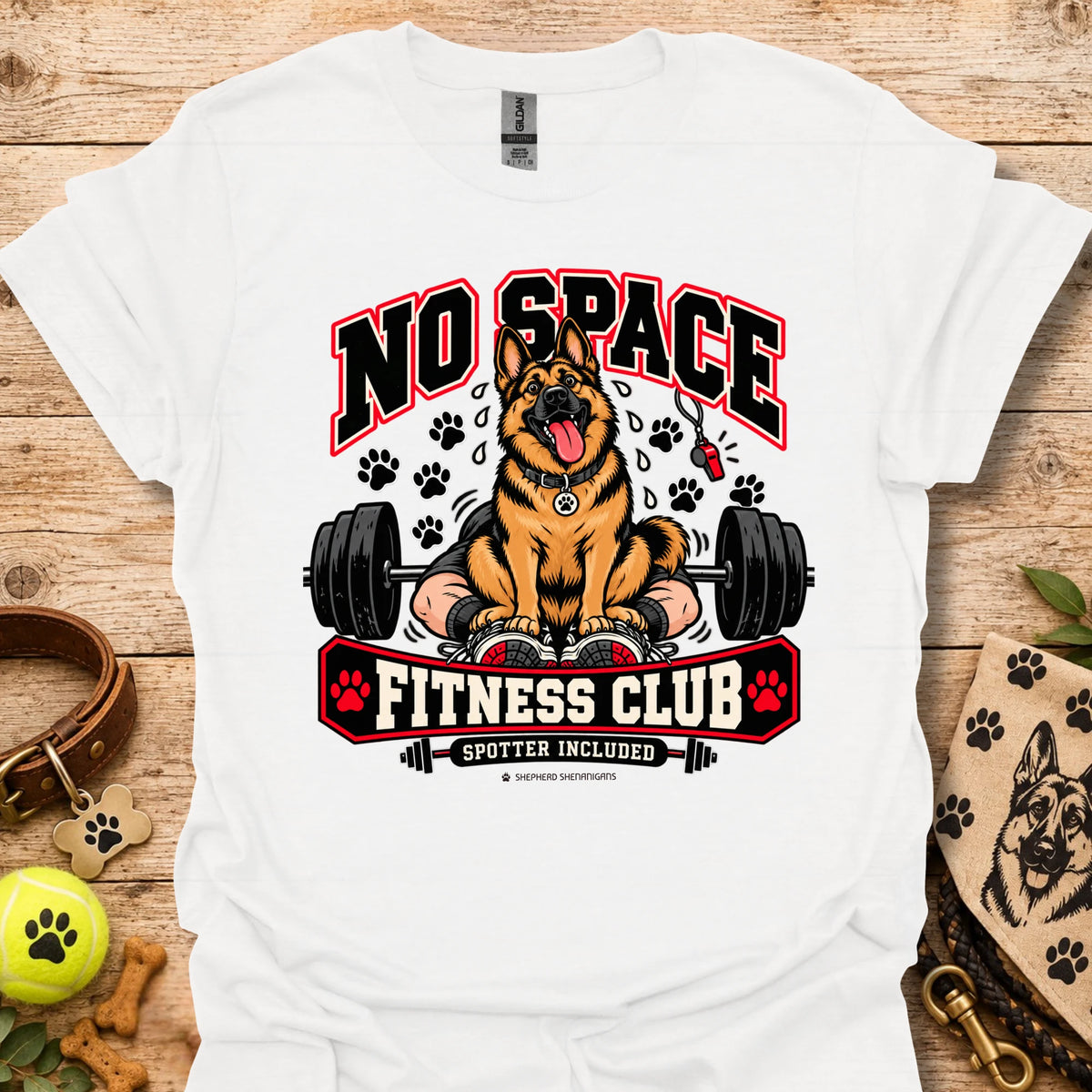 Fitness club dog graphic T-shirt in white, front print with “No Space” and dumbbells
