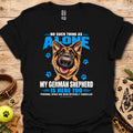 Black T-shirt with German shepherd graphic and paw-print text