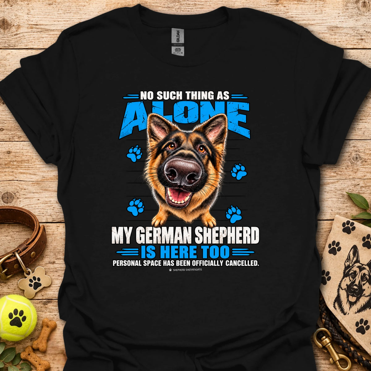 Black T-shirt with German shepherd graphic and paw-print text
