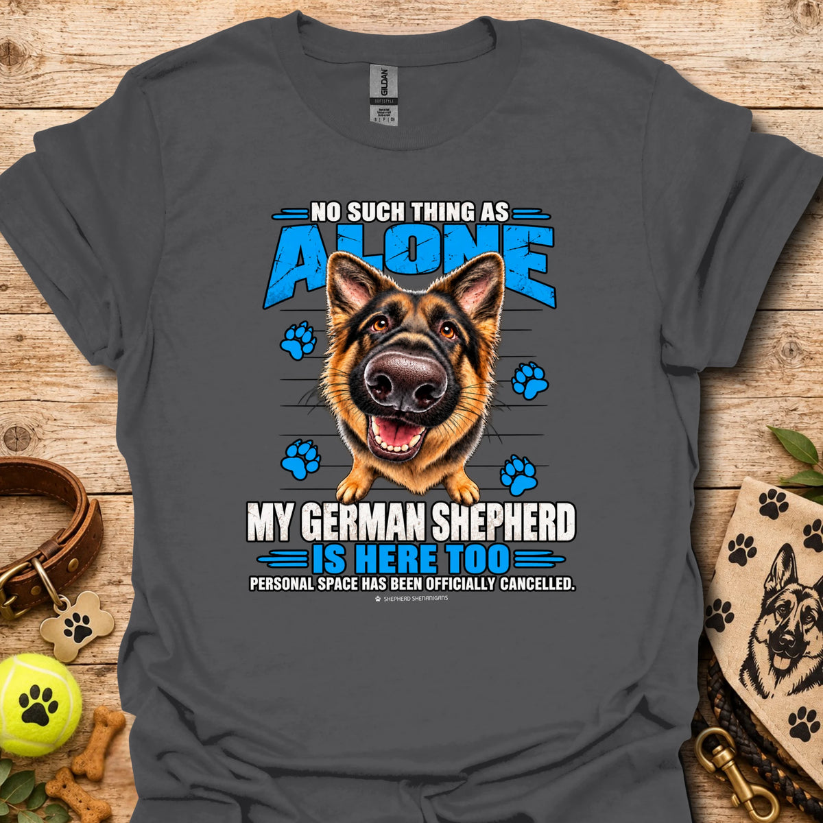 Black T-shirt with German shepherd graphic and paw-print text