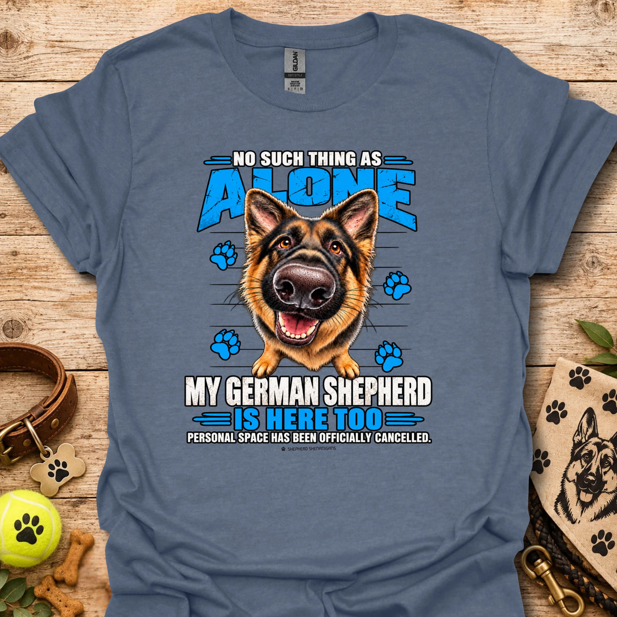 Heather indigo T-shirt with German shepherd graphic and paw-print text