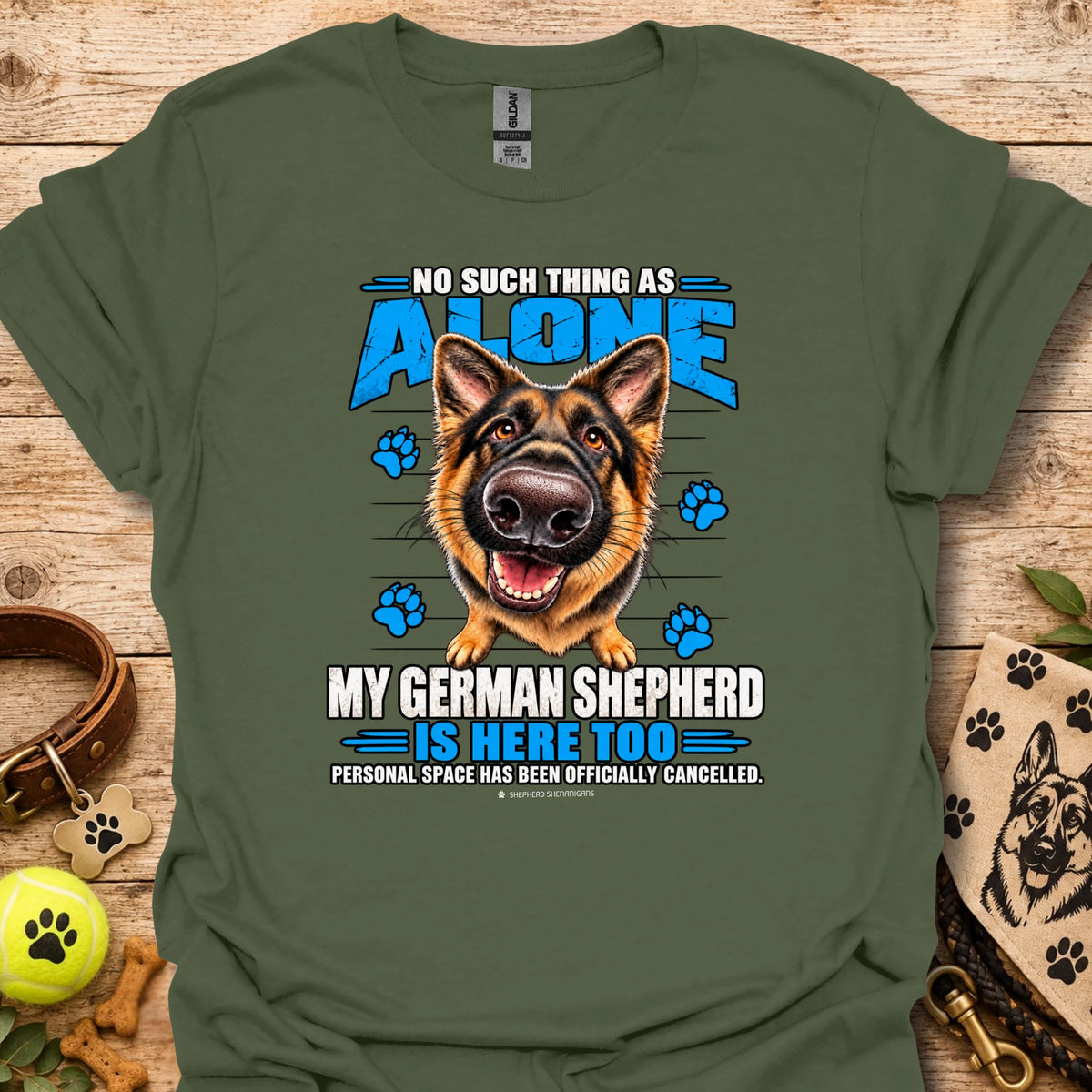 Military green T-shirt with German shepherd graphic and paw-print text