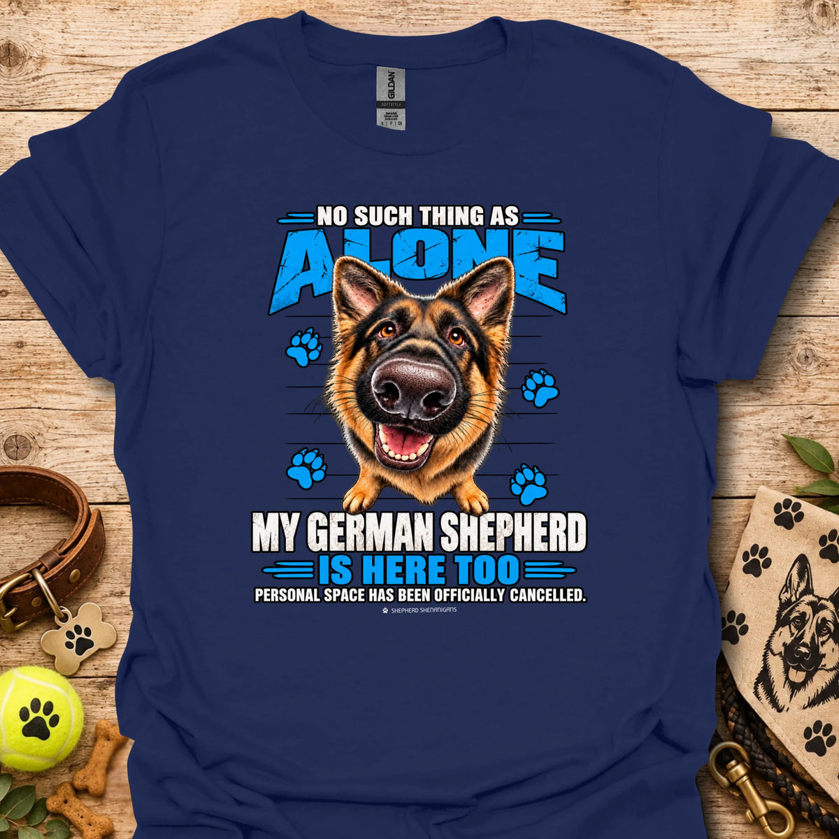 Navy T-shirt with German shepherd graphic and paw-print text