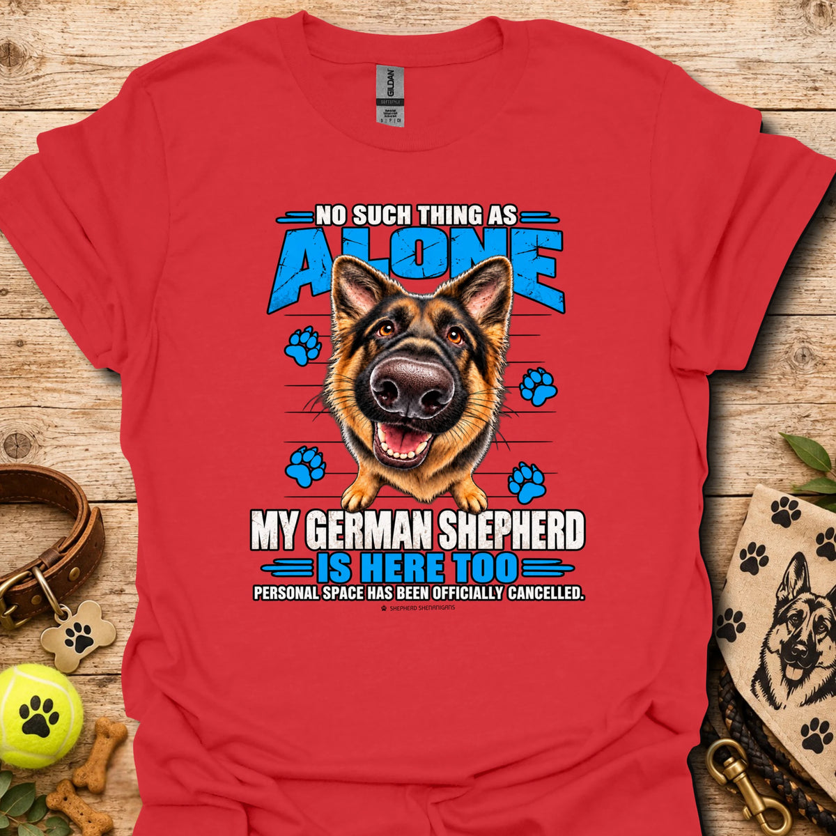 Red T-shirt with German shepherd graphic and paw-print text
