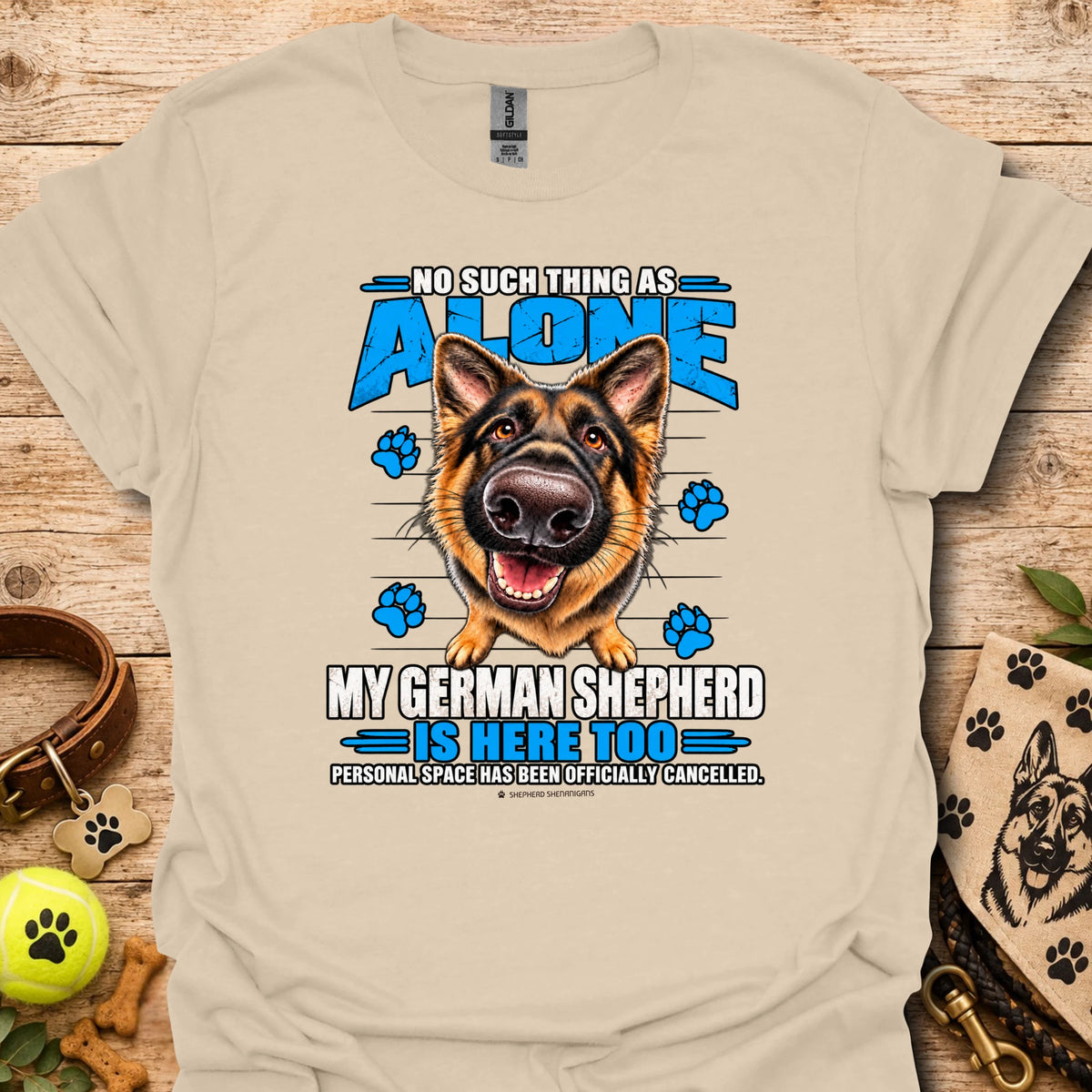 Sand T-shirt with German shepherd graphic and paw-print text