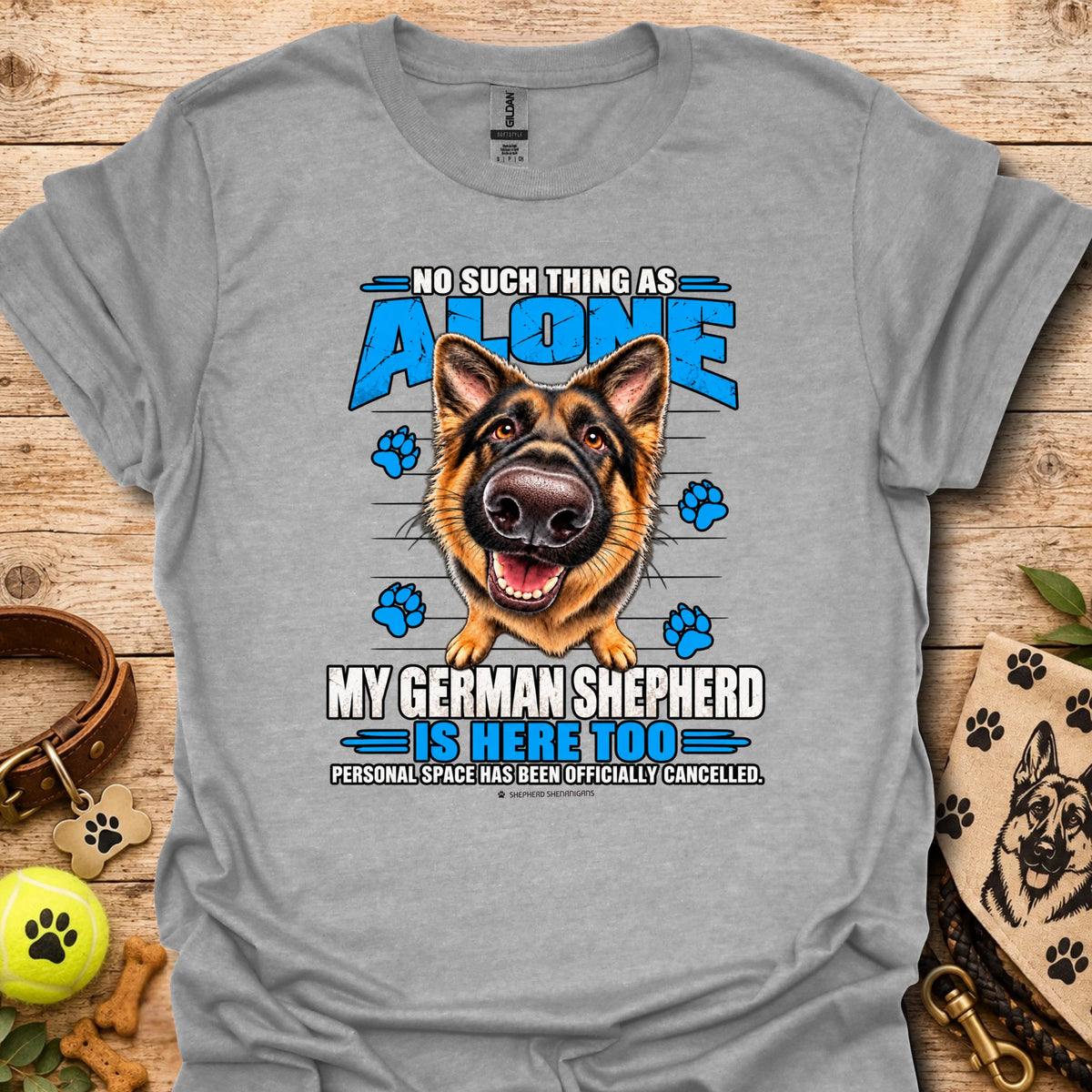 Grey T-shirt with German shepherd graphic and paw-print text