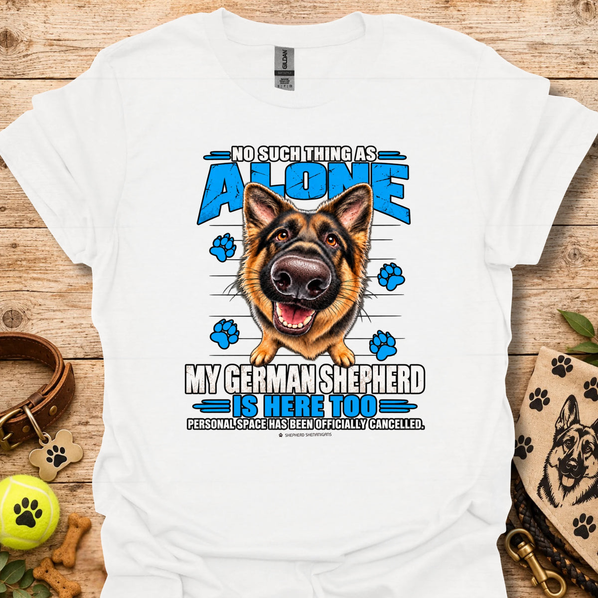 White T-shirt with German shepherd graphic and paw-print text