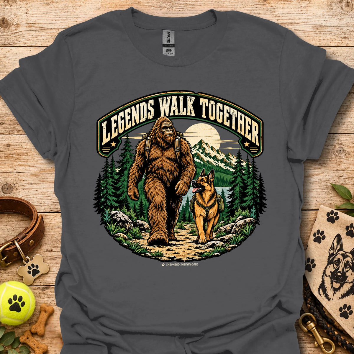 Charcoal T-shirt with circular graphic of bear and dog walking together