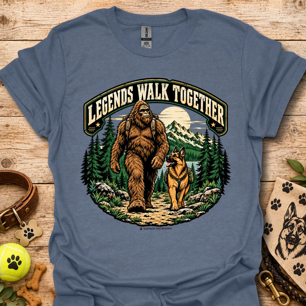 Slate blue T-shirt with circular bear and dog illustration with trees