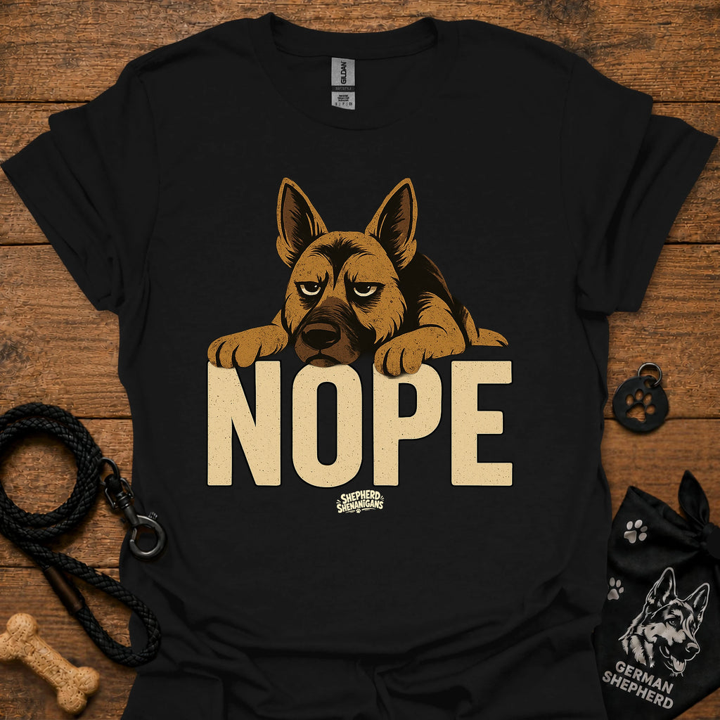 Black crewneck t-shirt with German shepherd and large "NOPE" graphic