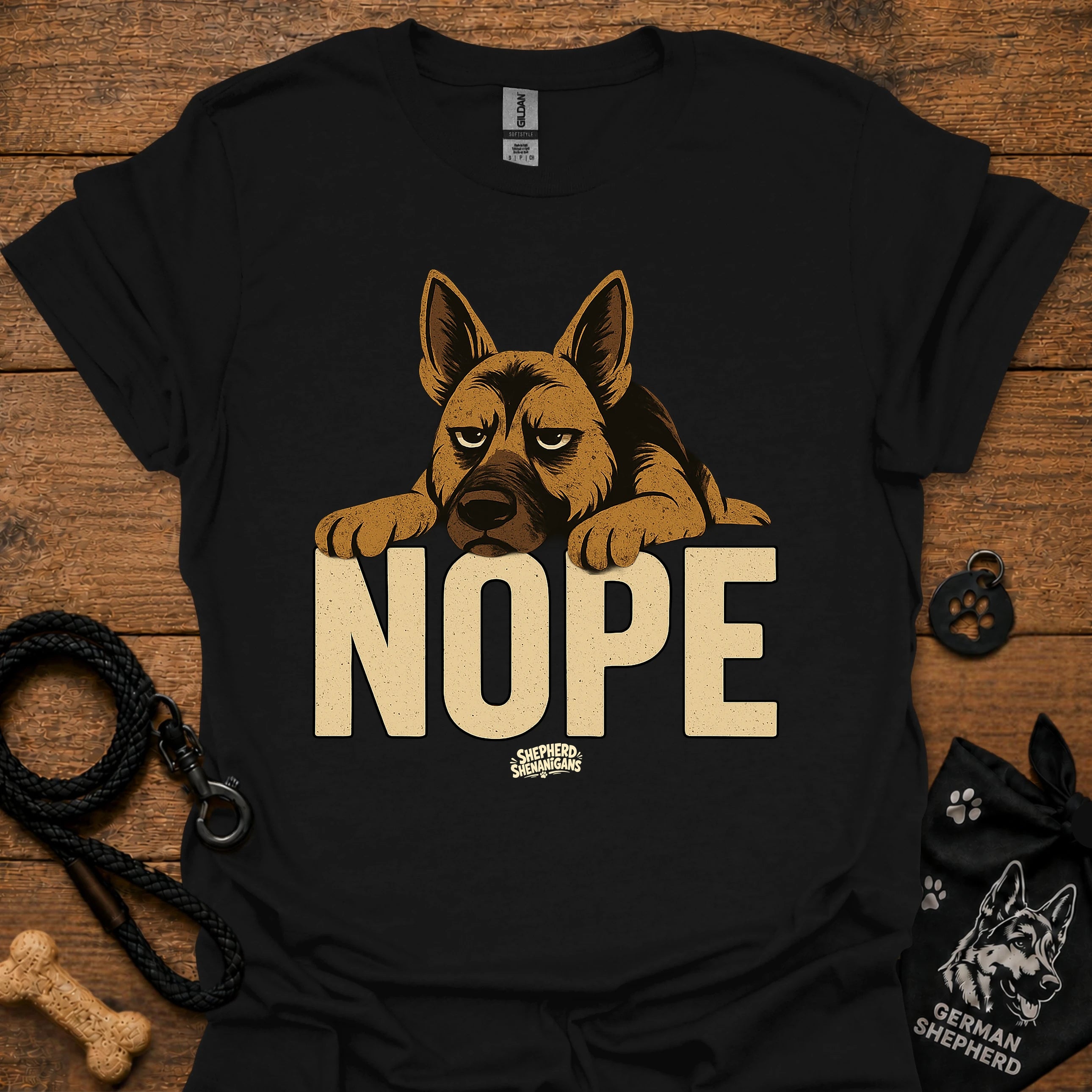 Black crewneck t-shirt with German shepherd and large "NOPE" graphic