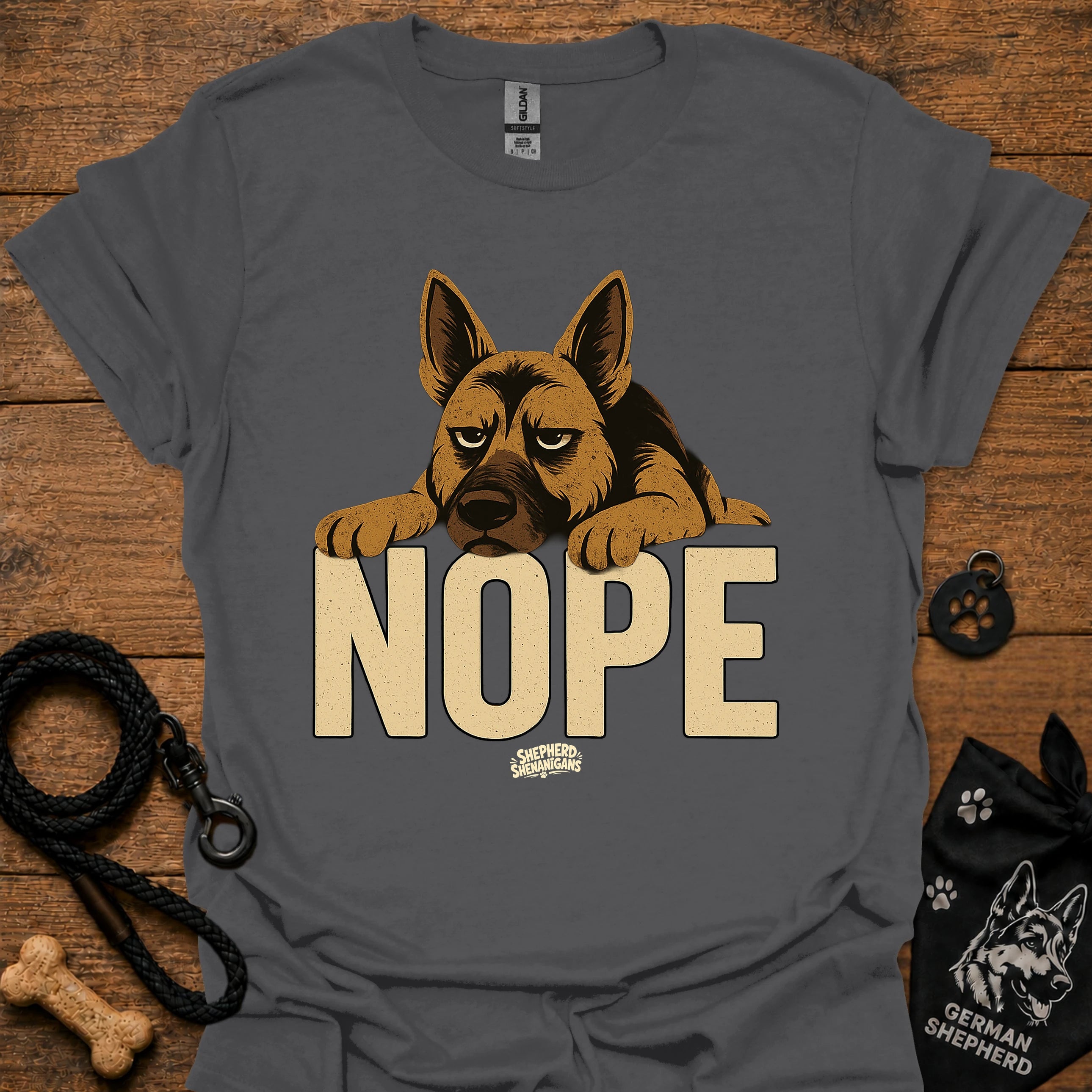 Dark gray crewneck t-shirt with German shepherd and large "NOPE" graphic