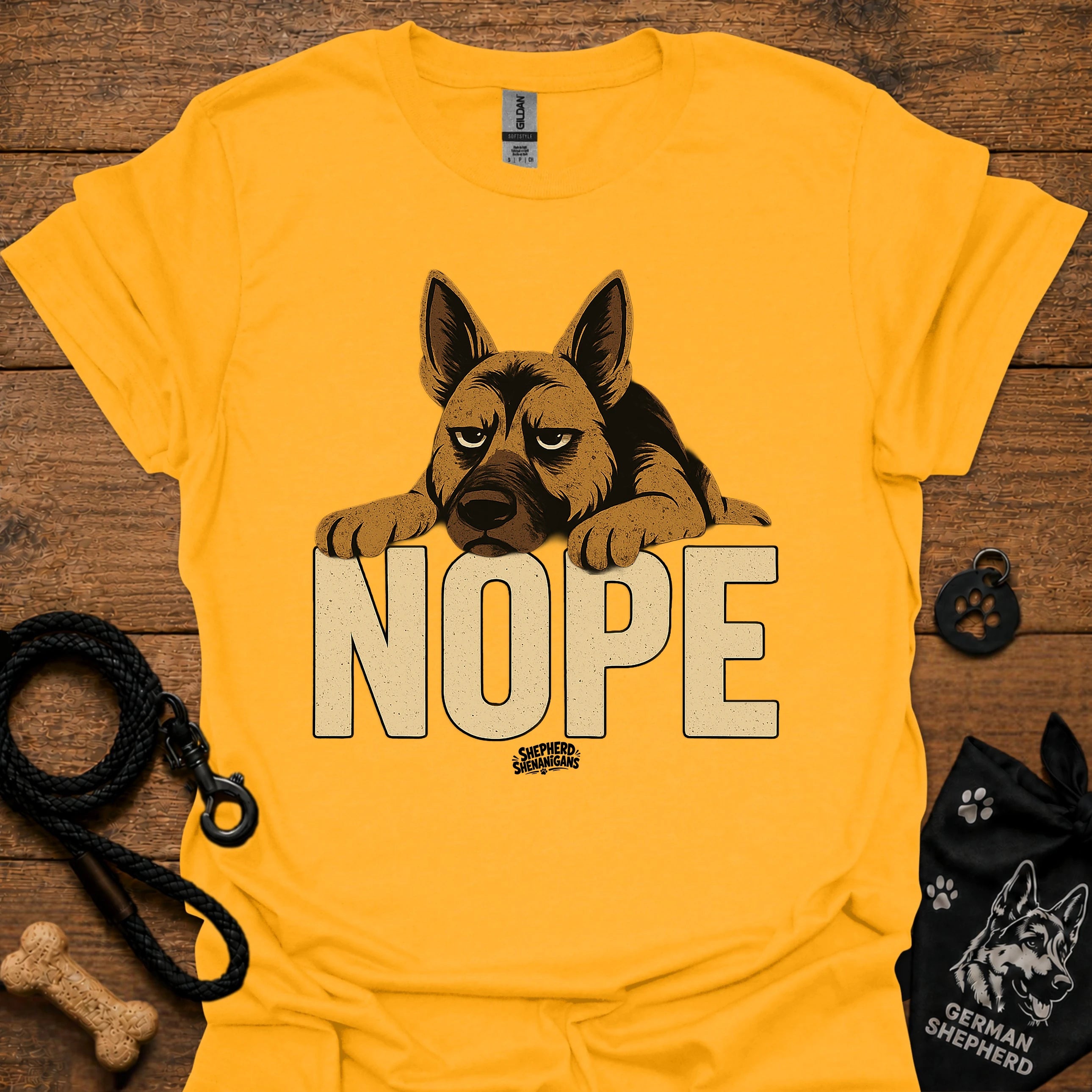 Graphic dog T-shirt, bright yellow, front dog face print with NOPE text