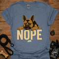 Graphic dog T-shirt, blue, front dog face with NOPE text
