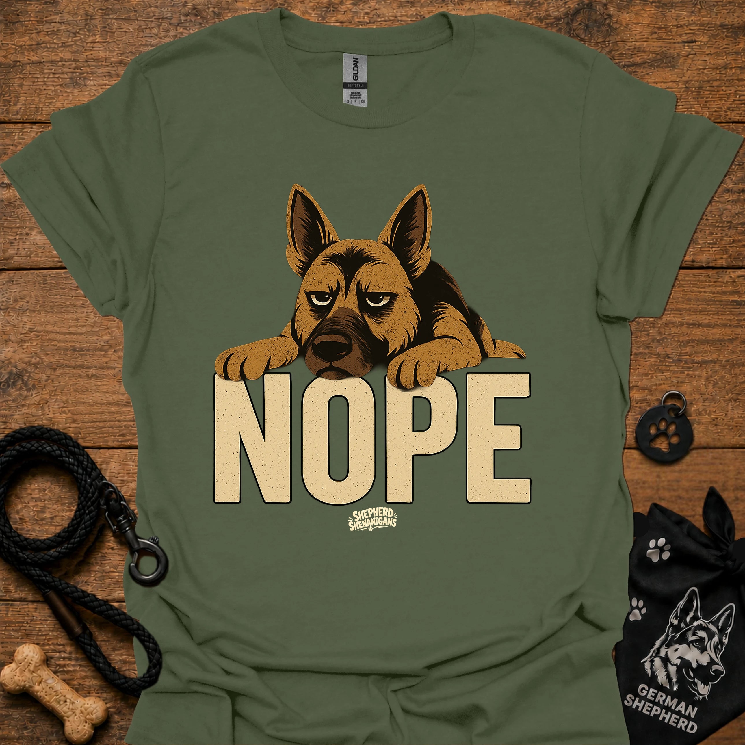 Nope graphic dog T-shirt, olive green, front dog face with NOPE text