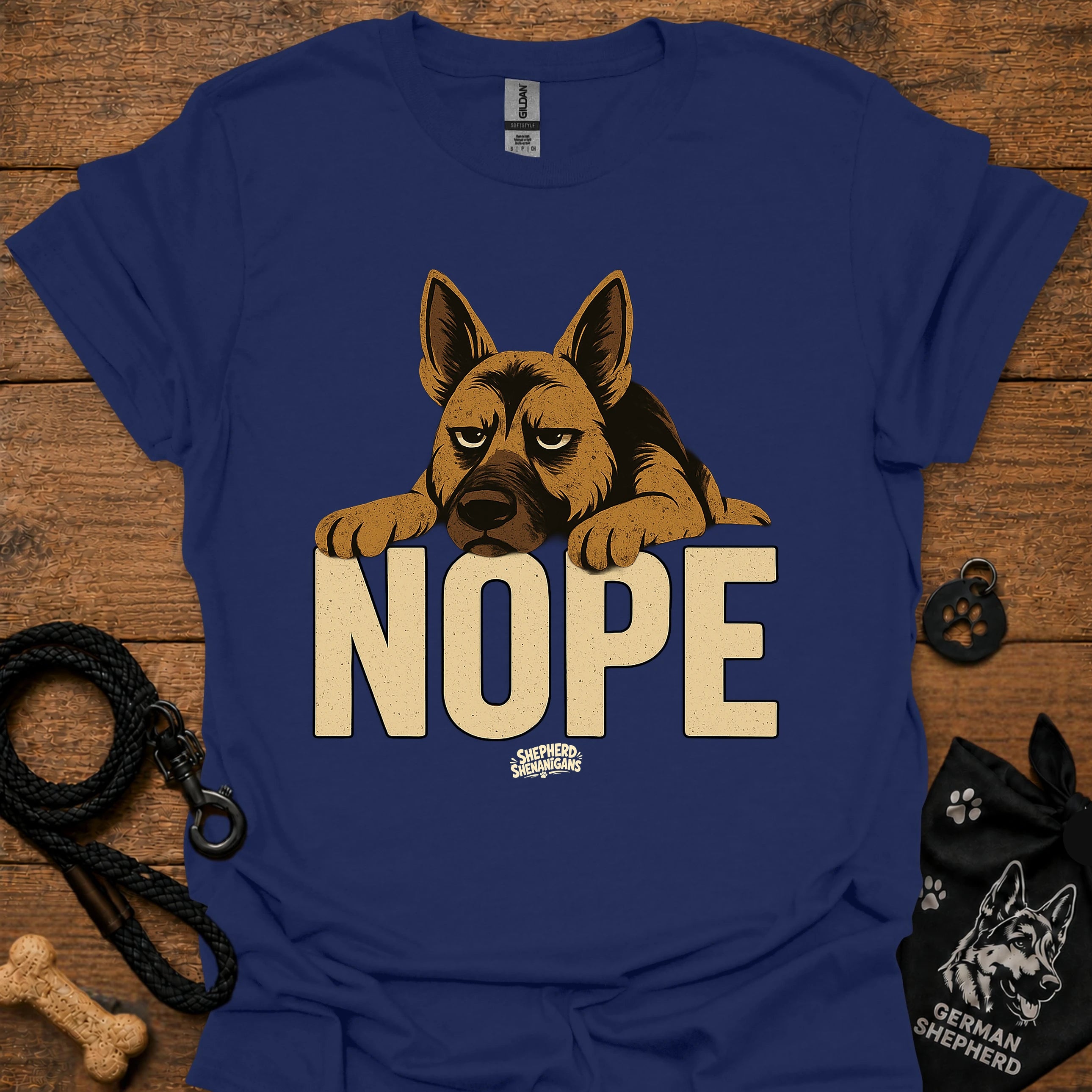 Navy crewneck t-shirt with German shepherd and large "NOPE" graphic