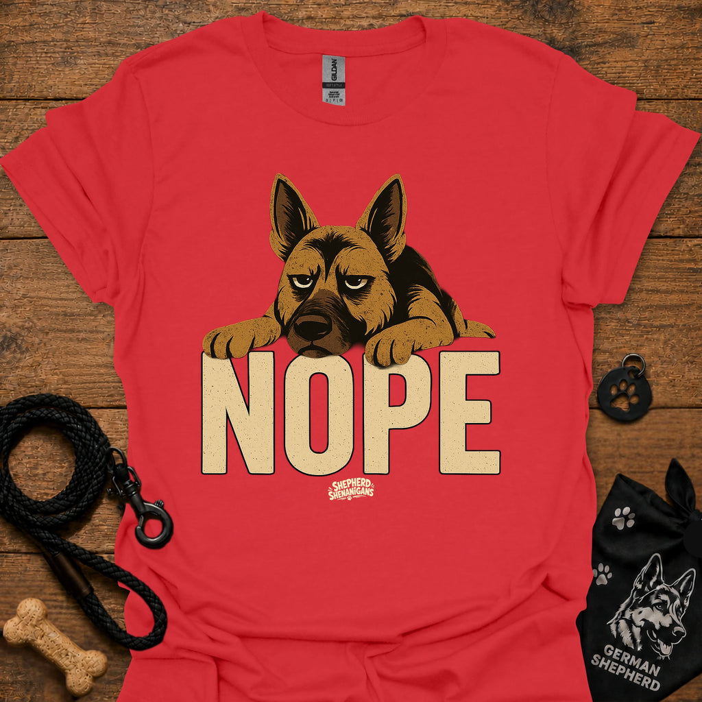 Red crewneck t-shirt with German shepherd and large "NOPE" graphic