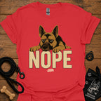 Red crewneck t-shirt with German shepherd and large "NOPE" graphic