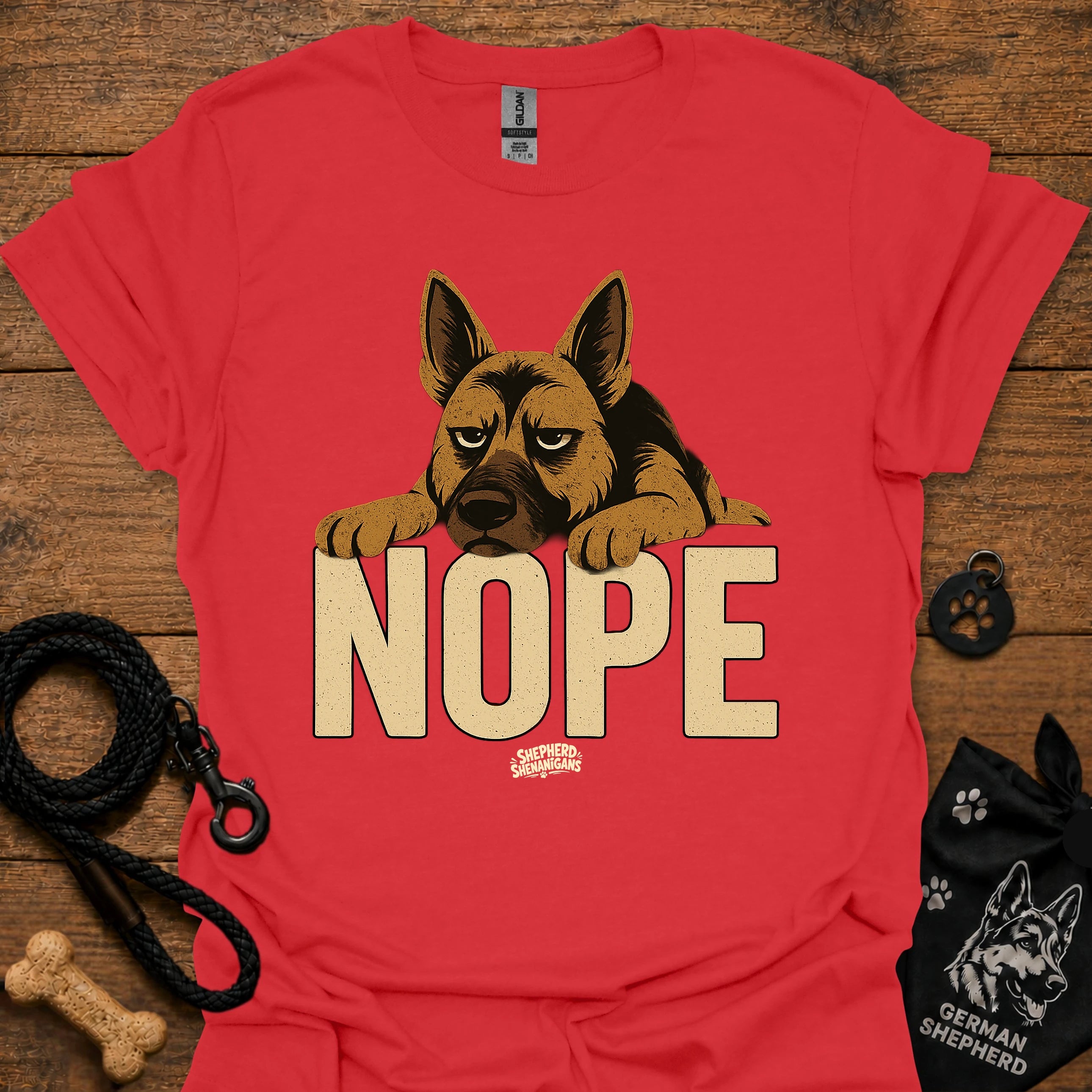 Red crewneck t-shirt with German shepherd and large "NOPE" graphic