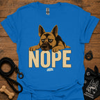 Royal blue crewneck t-shirt with German shepherd and large "NOPE" graphic