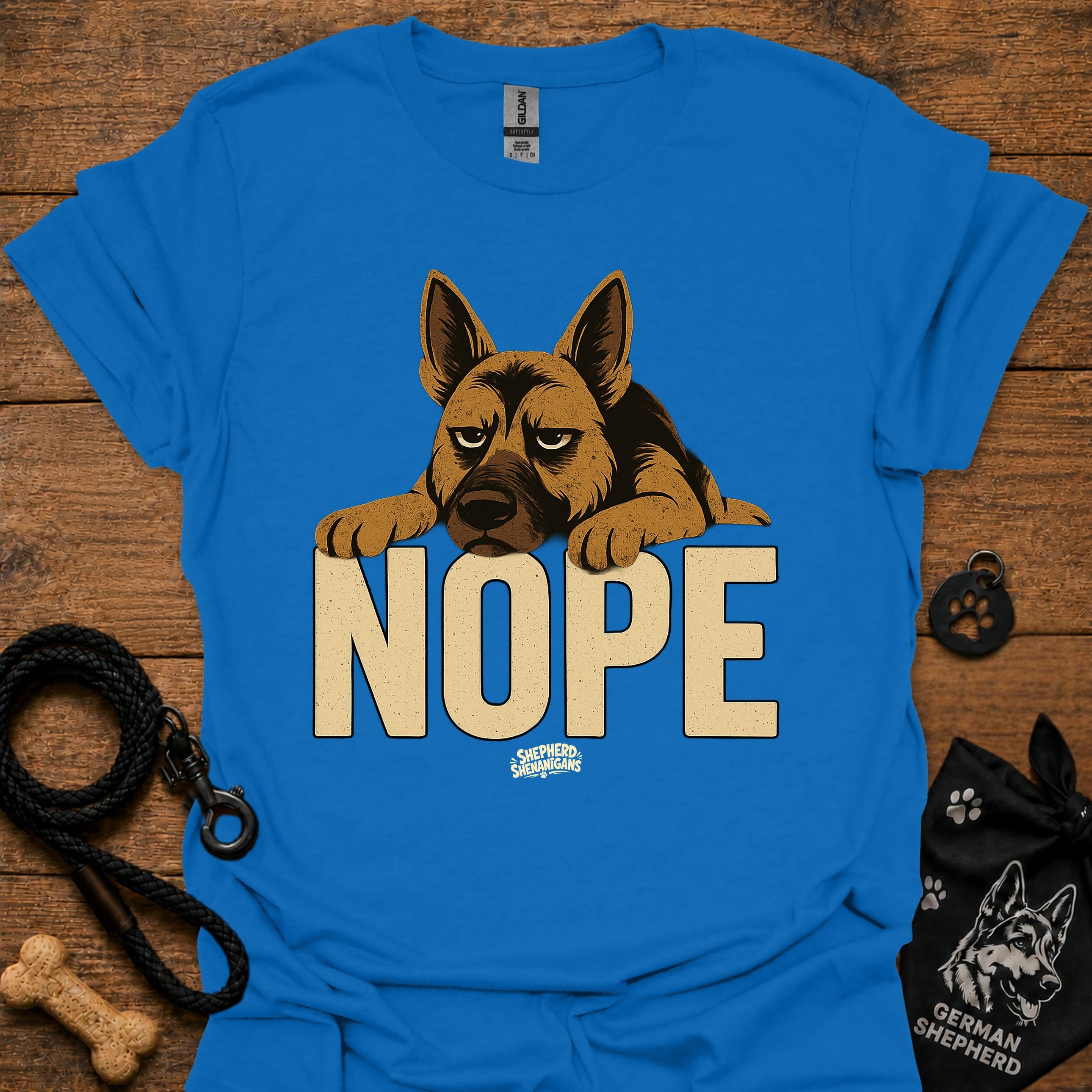 Royal blue crewneck t-shirt with German shepherd and large "NOPE" graphic