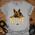 Light heather gray crewneck t-shirt with German shepherd and "NOPE" graphic