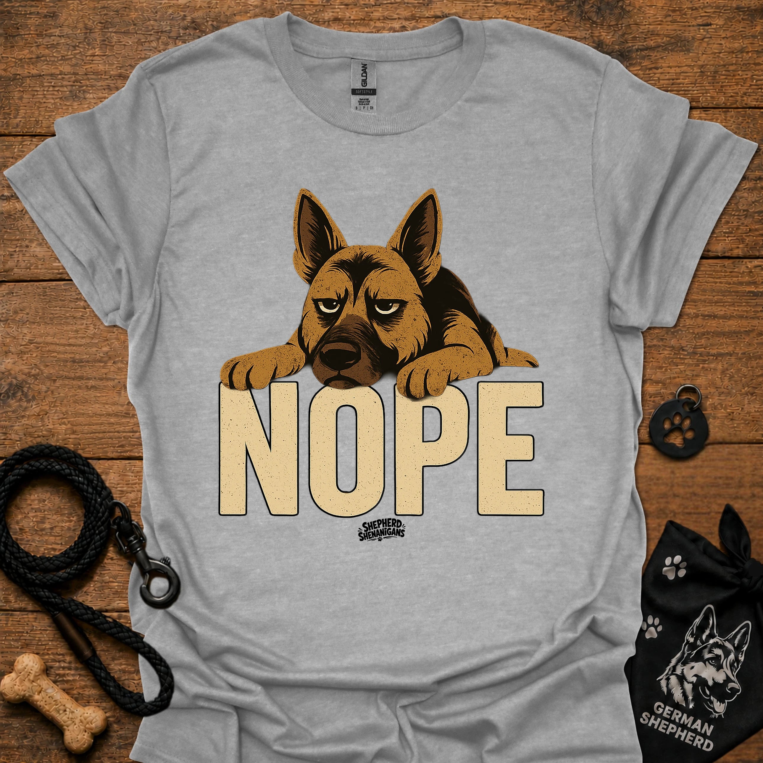 Light heather gray crewneck t-shirt with German shepherd and "NOPE" graphic
