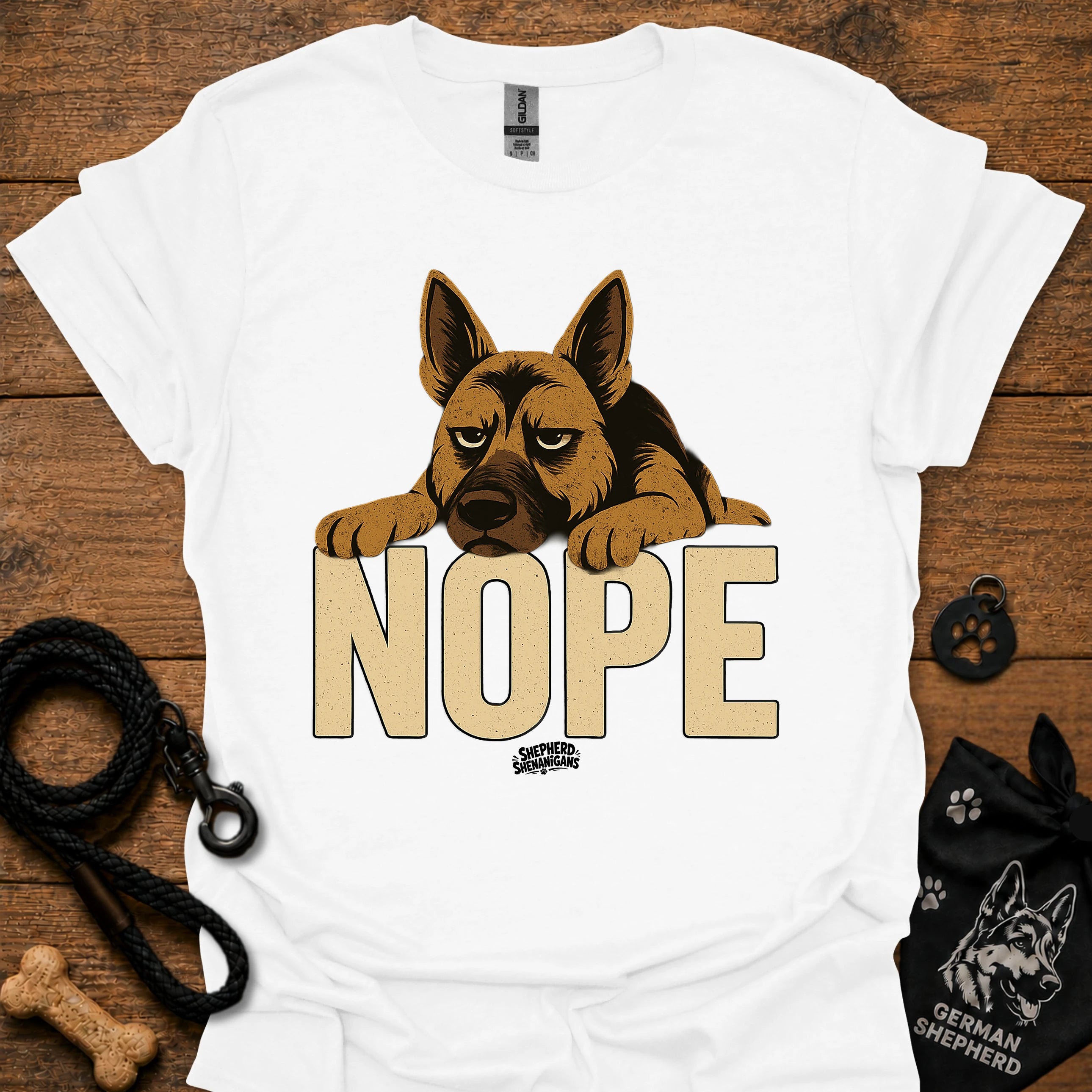 White crewneck t-shirt with German shepherd and large "NOPE" graphic