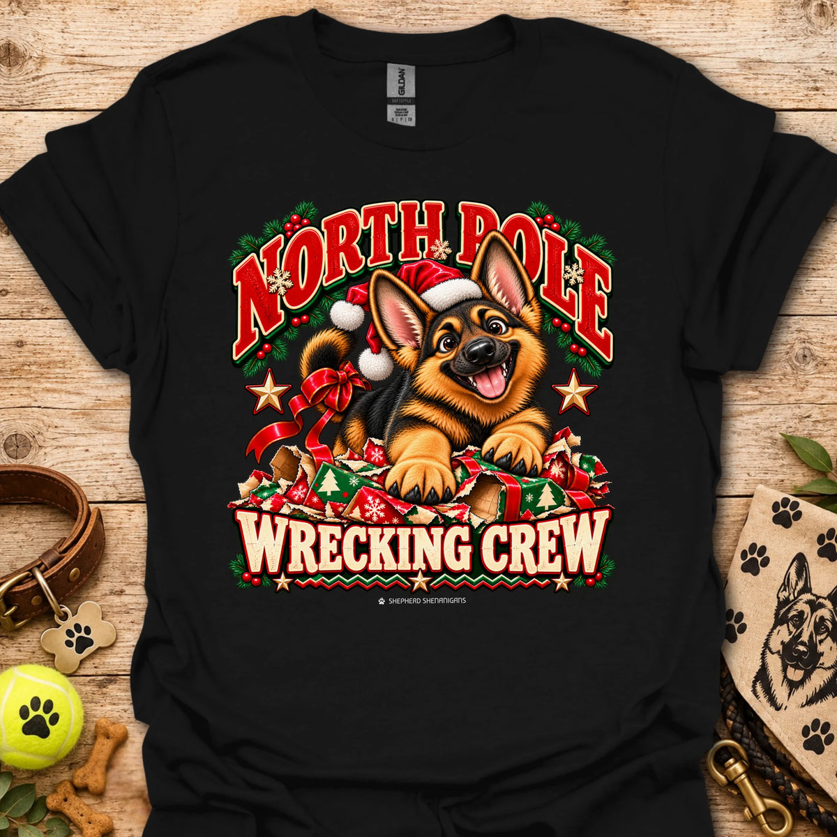 Black crewneck T-shirt with holiday dog graphic and “WRECKING CREW” text