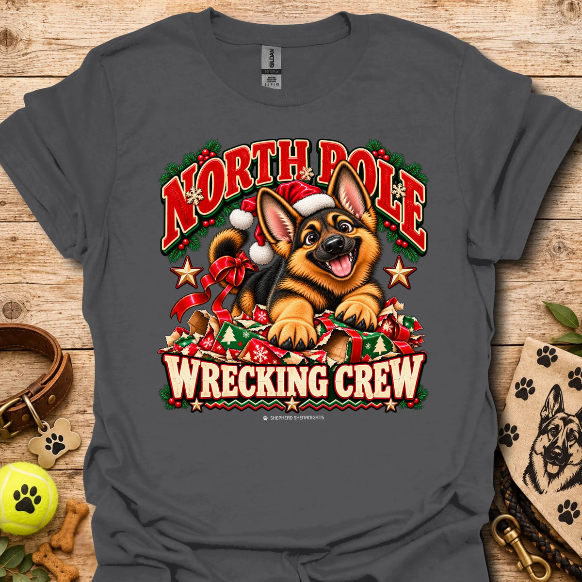 Charcoal crewneck T-shirt with holiday dog graphic and “WRECKING CREW” text