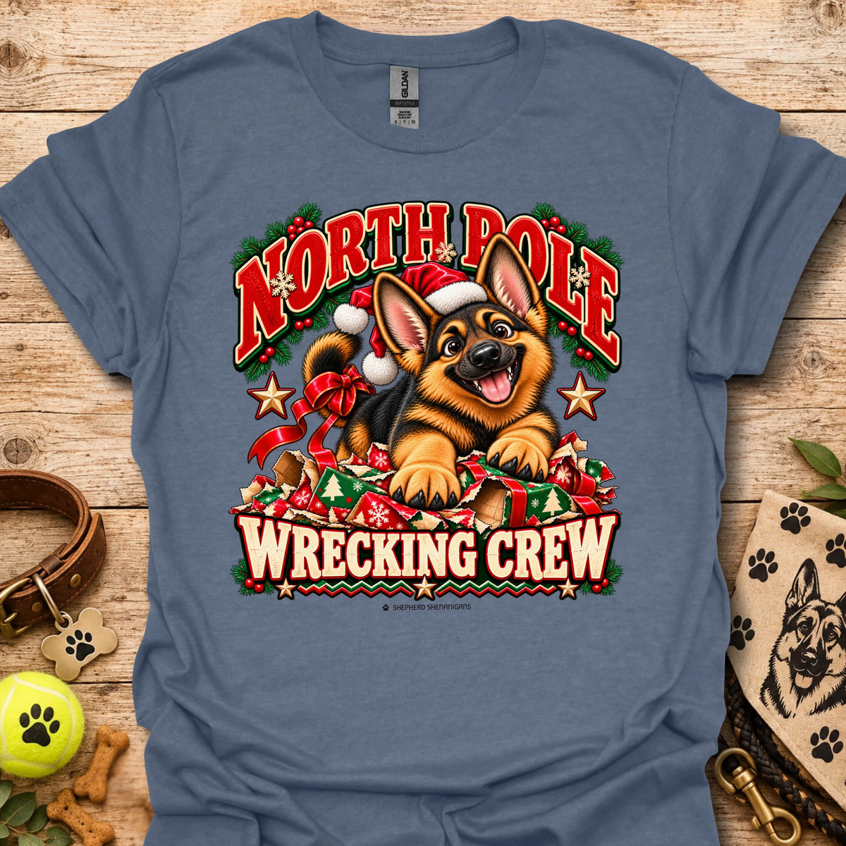 Heather indigo crewneck T-shirt with holiday dog graphic and “WRECKING CREW” text