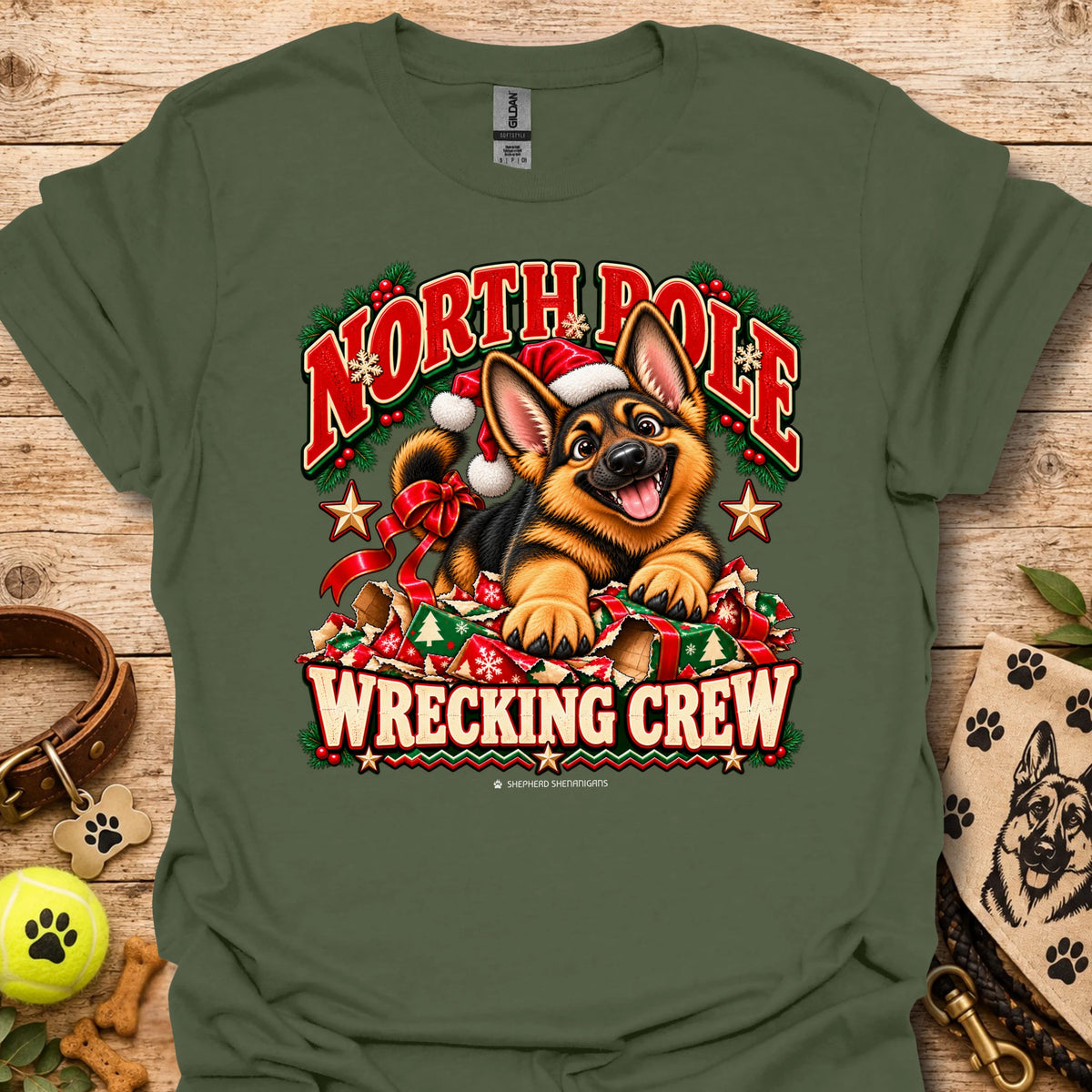 Military green crewneck T-shirt with holiday dog graphic and “WRECKING CREW” text