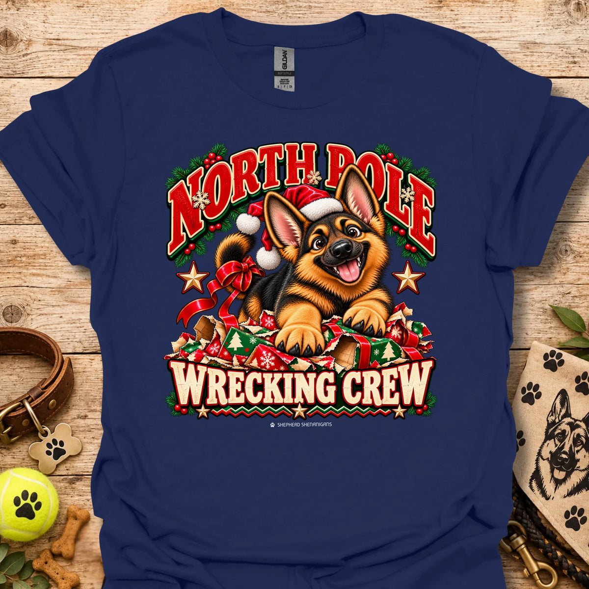 Navy crewneck T-shirt with holiday dog graphic and “WRECKING CREW” text