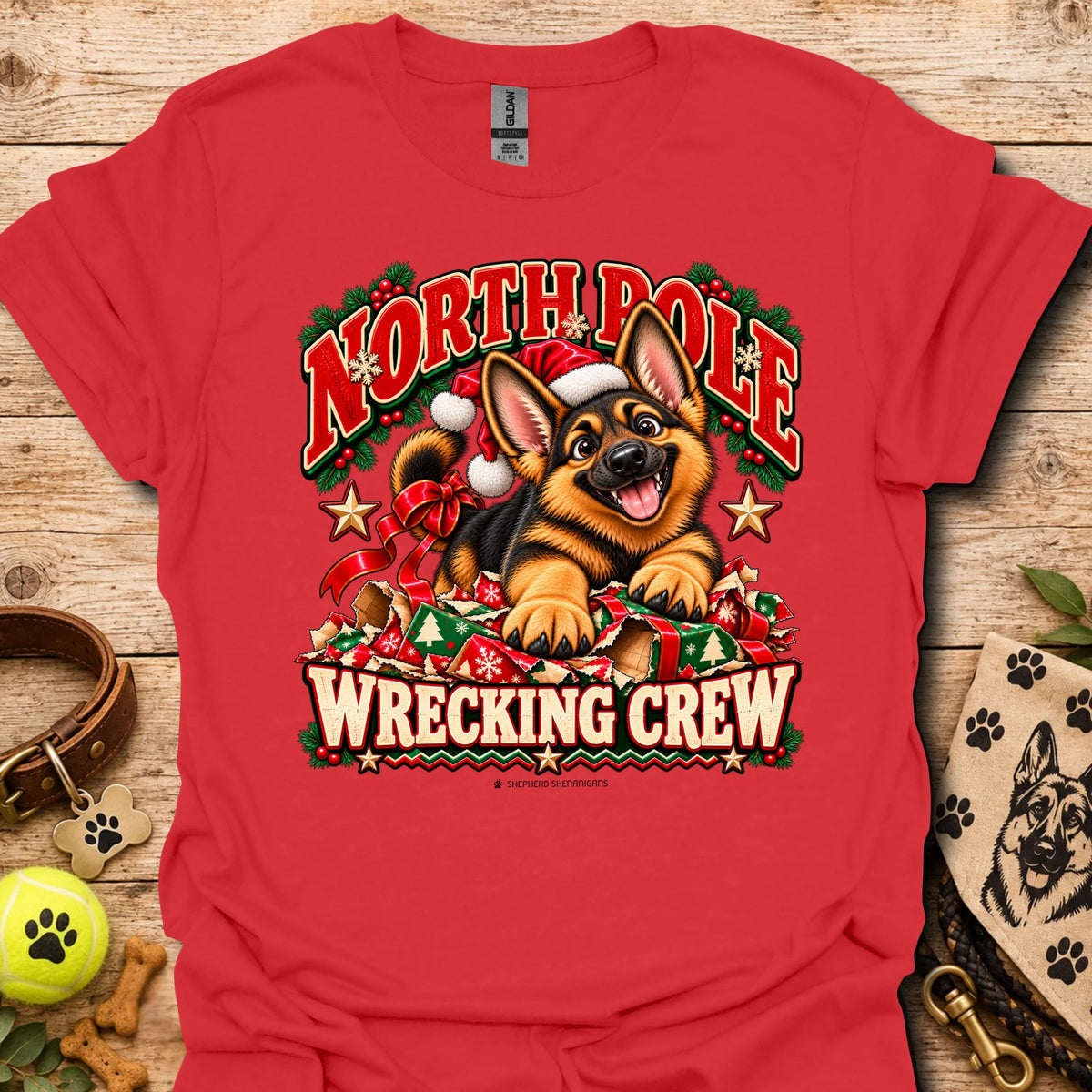 Red crewneck T-shirt with holiday dog graphic and “WRECKING CREW” text