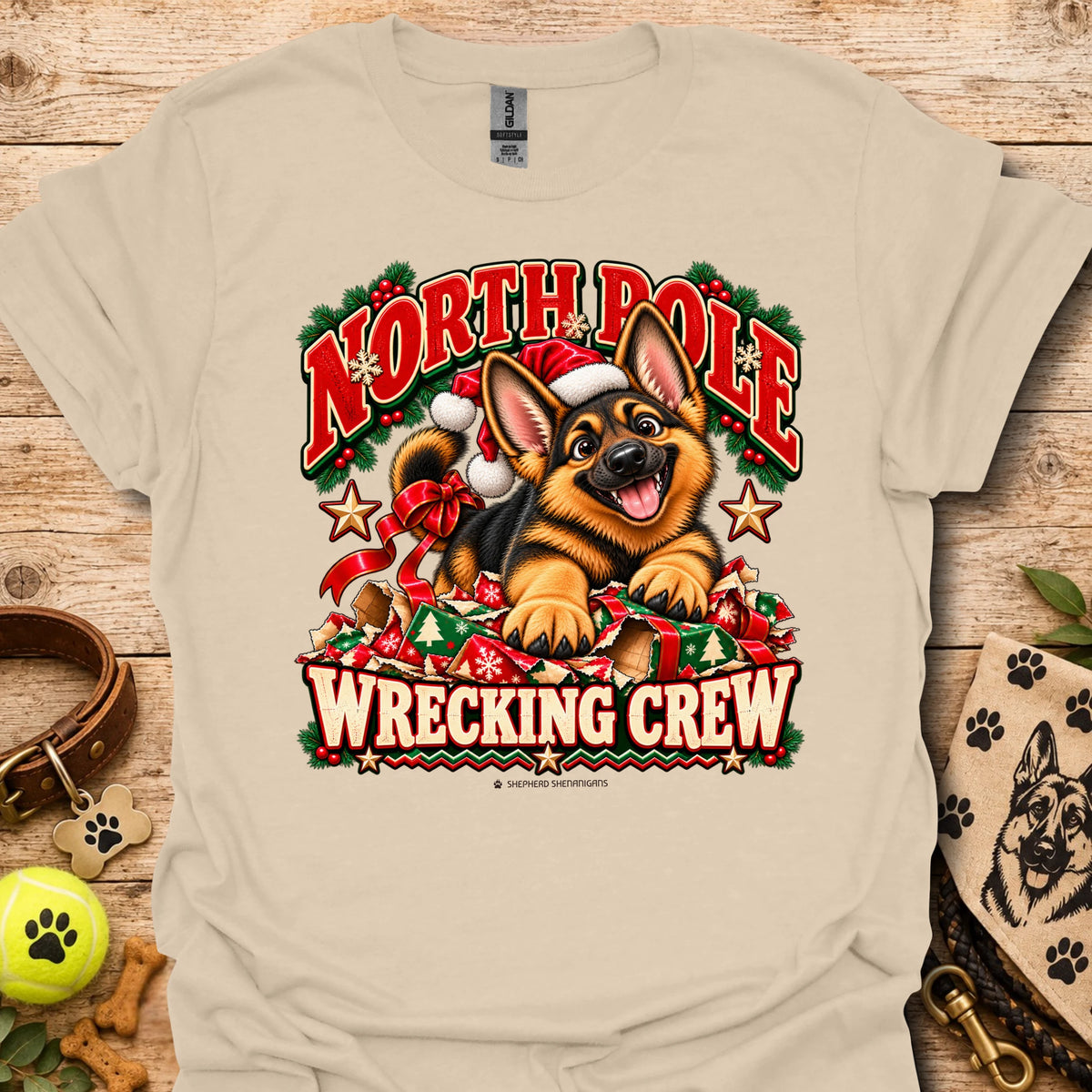 Sand crewneck T-shirt with holiday dog graphic and “WRECKING CREW” text