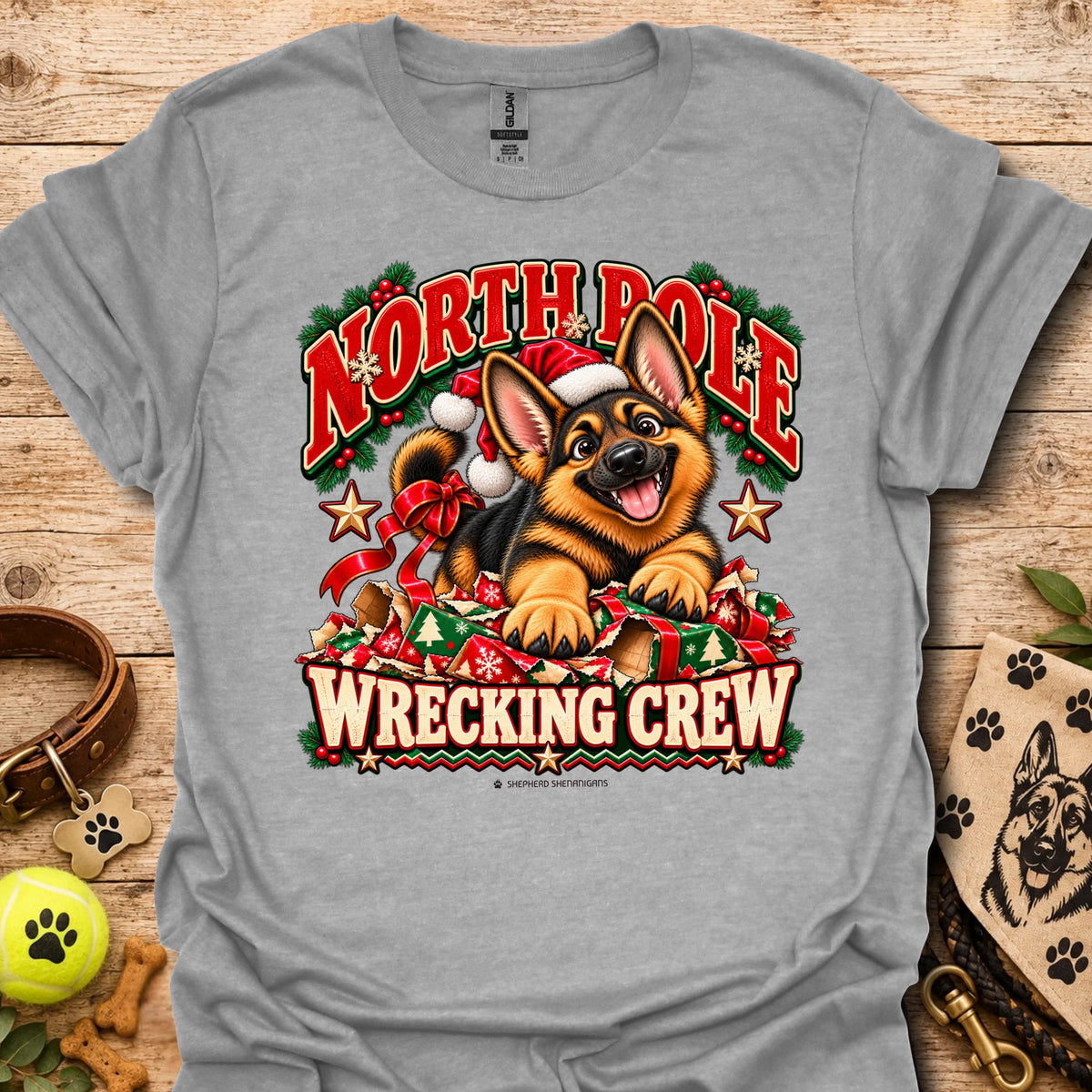 Sport grey crewneck T-shirt with holiday dog graphic and “WRECKING CREW” text