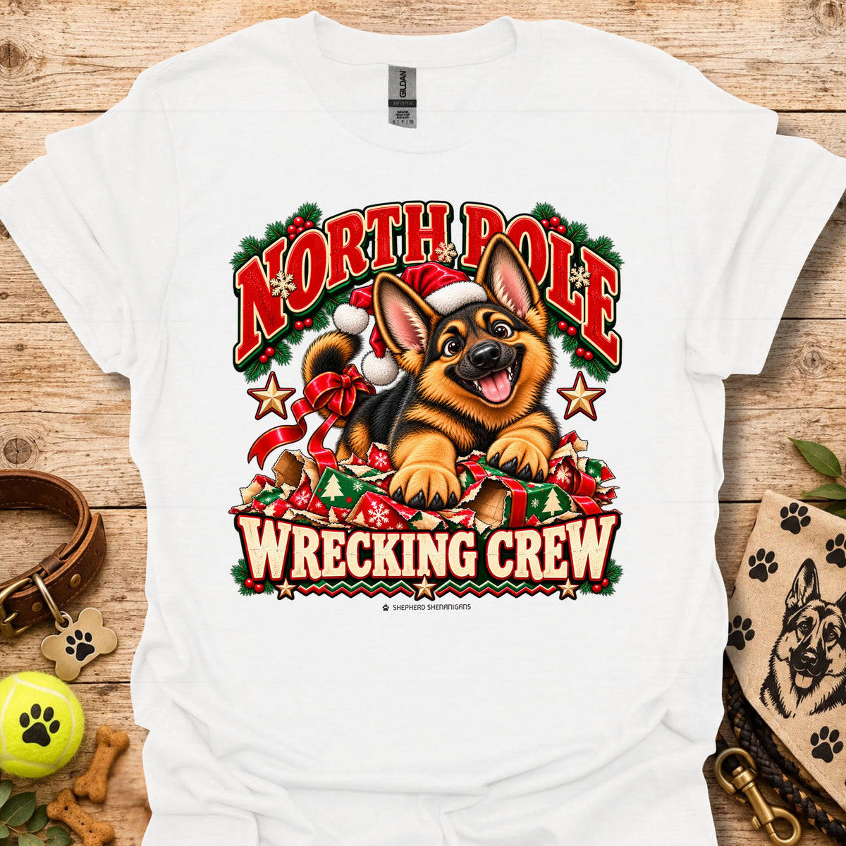 White crewneck T-shirt with holiday dog graphic and “WRECKING CREW” text
