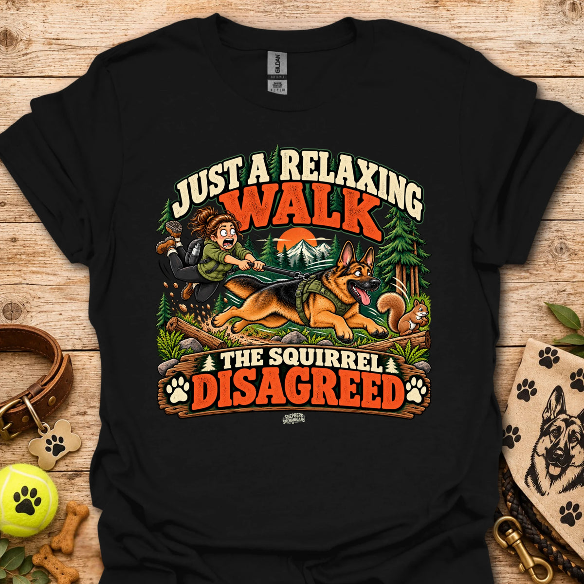 Black crew-neck t-shirt with colorful 'Just a Relaxing Walk' and squirrel graphic