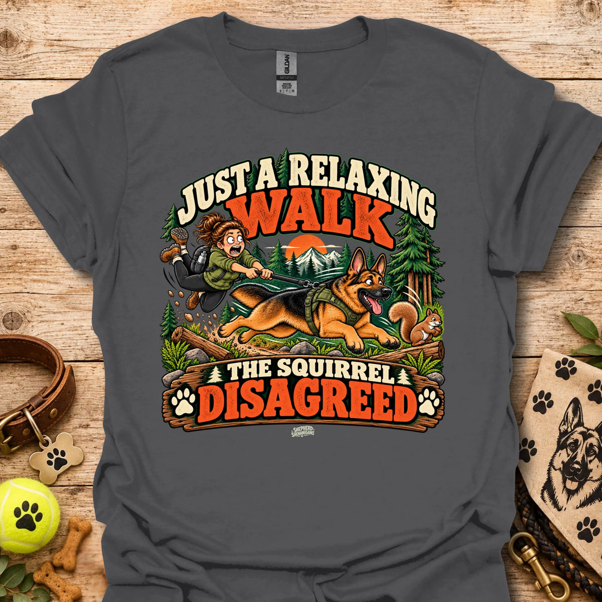 Charcoal crew-neck t-shirt with colorful 'Just a Relaxing Walk' and squirrel graphic