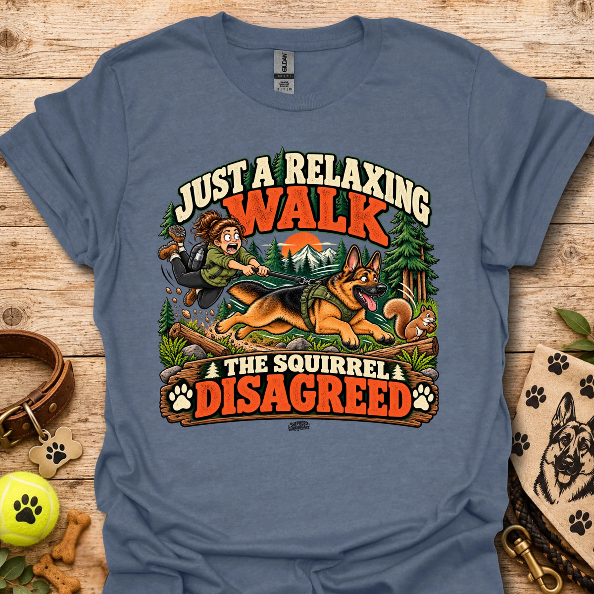 Heather indigo crew-neck t-shirt with colorful 'Just a Relaxing Walk' and squirrel graphic