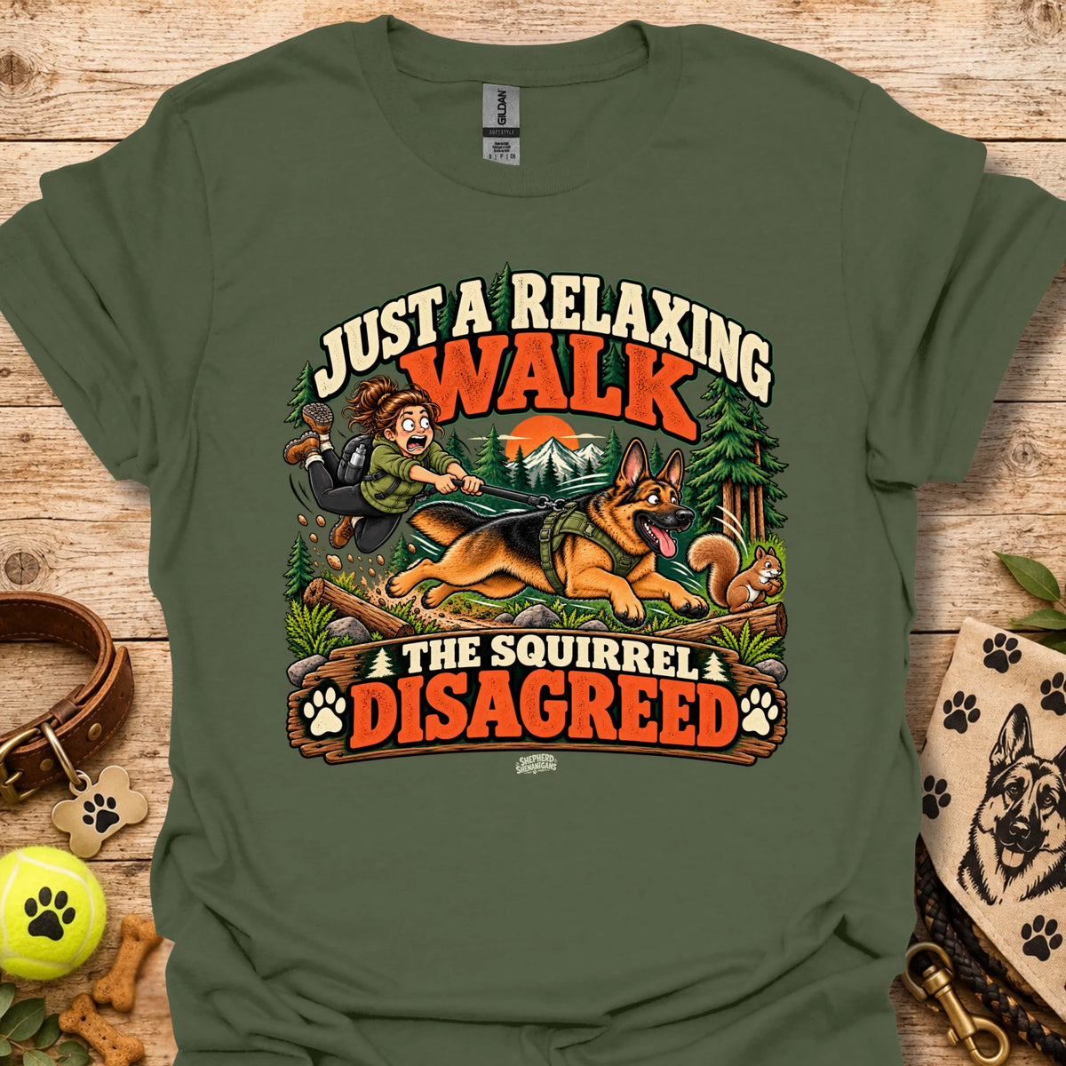 Military green crew-neck t-shirt with colorful 'Just a Relaxing Walk' and squirrel graphic