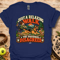 Navy crew-neck t-shirt with colorful 'Just a Relaxing Walk' and squirrel graphic