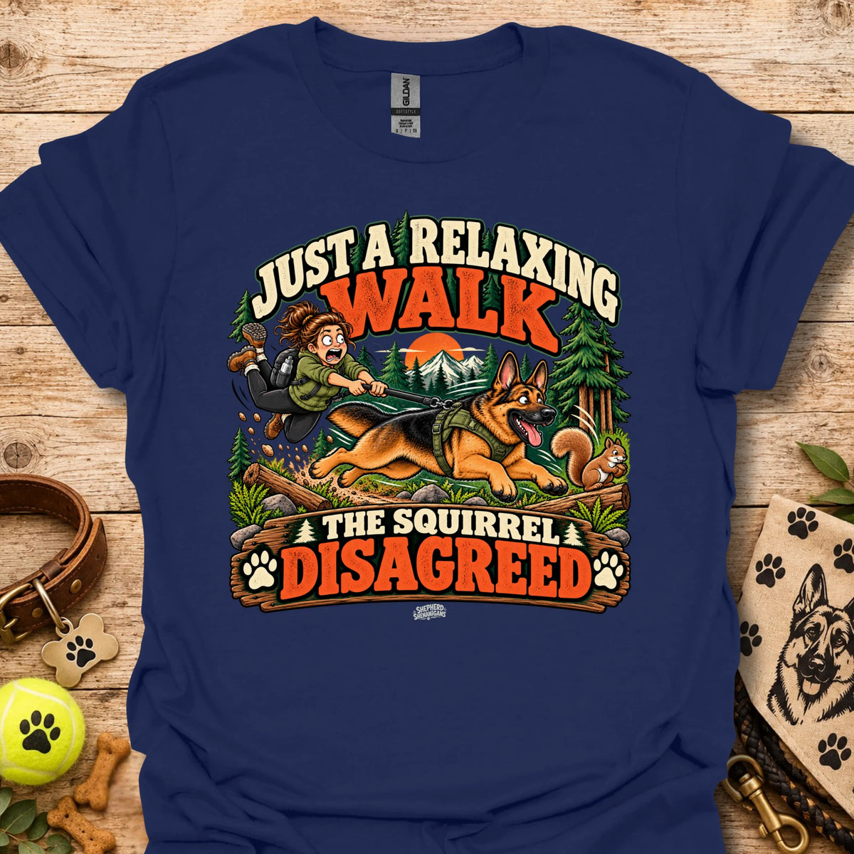 Navy crew-neck t-shirt with colorful 'Just a Relaxing Walk' and squirrel graphic