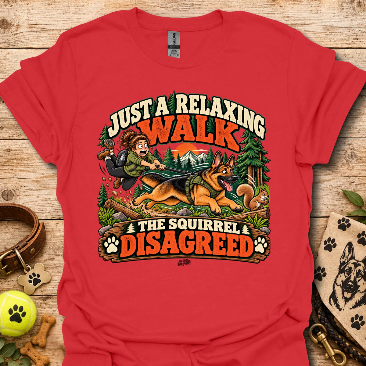 Red crew-neck t-shirt with colorful 'Just a Relaxing Walk' and squirrel graphic
